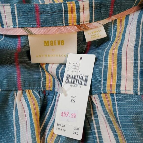 MAEVE ANTHRO ANTHROPOLOGIE Byron Striped Peasant Top Shirt XS Small Medium NWT - Picture 9 of 10